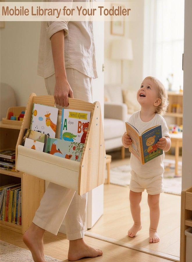 BeBeJoJo Solid Wood Toddler Bookshelf Double-Sided Montessori Kids Bookshelf for Nursery & Playroom, Baby Book Rack with Portable Handle, 4-Tier Deep Sling Organizer Easy Assembly, Off-White - Image 4
