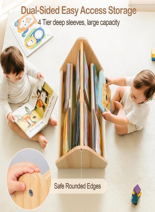 BeBeJoJo Solid Wood Toddler Bookshelf Double-Sided Montessori Kids Bookshelf for Nursery & Playroom, Baby Book Rack with Portable Handle, 4-Tier Deep Sling Organizer Easy Assembly, Off-White - Image 3