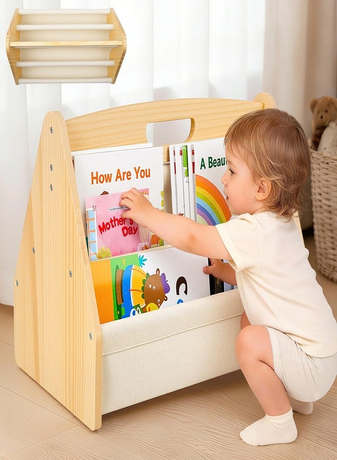 BeBeJoJo Solid Wood Toddler Bookshelf Double-Sided Montessori Kids Bookshelf for Nursery & Playroom, Baby Book Rack with Portable Handle, 4-Tier Deep Sling Organizer Easy Assembly, Off-White - Image 1