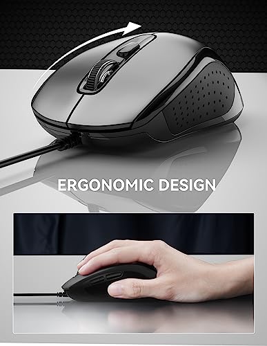 TECKNET Computer Wired Mouse, USB Mice for Laptop with 6-Button, 3600DPI Optical PC Wired Mouse, Home and Office 5FT USB-A Corded Comfortable Mice, Plug & Play, NO Battery Required-Grey - Image 2