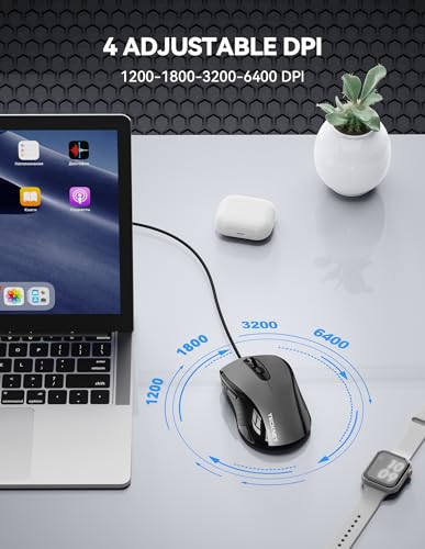 TECKNET Computer Wired Mouse, USB Mice for Laptop with 6-Button, 3600DPI Optical PC Wired Mouse, Home and Office 5FT USB-A Corded Comfortable Mice, Plug & Play, NO Battery Required-Grey - Image 3