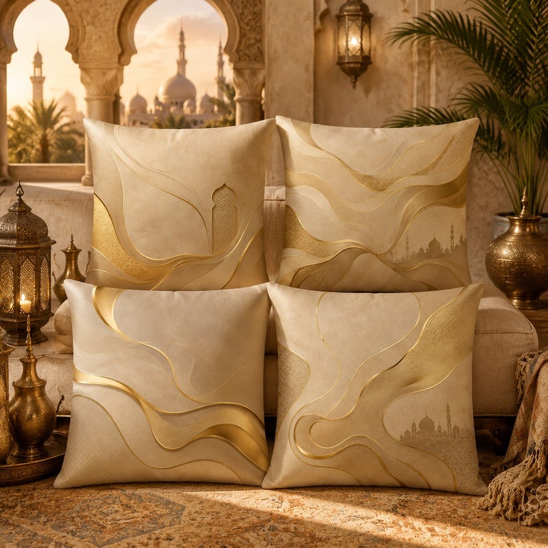 طقم أغطية وسائد 4 قطع بتصميم عربي فاخر باللون البيج والذهبي ديكور رمضاني أنيق للكنب - Image 2