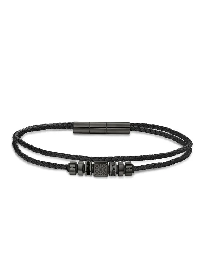 CERRUTI 1881 Jali.2 Gunmetal Stainless Steel and Black Leather Bracelet for Men 380mm