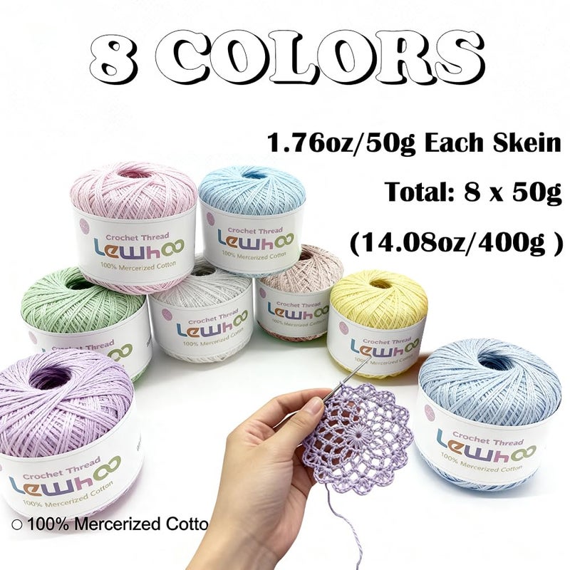 Lewhoo Crochet Thread, 8 Pearl Yarn Balls for Crocheting, 100% Mercerized Cotton Tatting Thread Size 10, Cotton Lace Yarn Hand Embroidery - Image 3