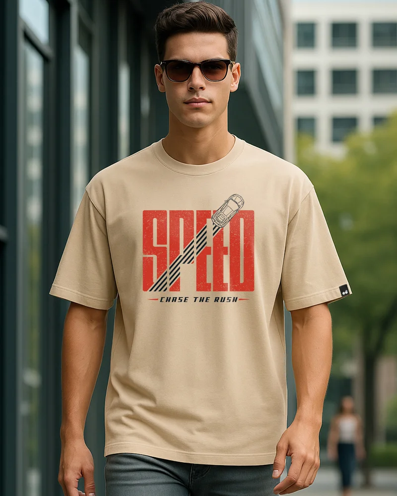 بيواكوف Men's Ginger Root Brown Speed Rush Typography Oversized T-shirt