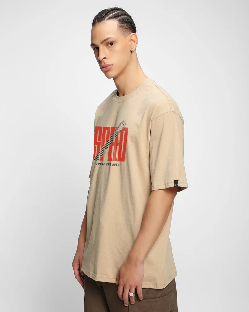 بيواكوف Men's Ginger Root Brown Speed Rush Typography Oversized T-shirt