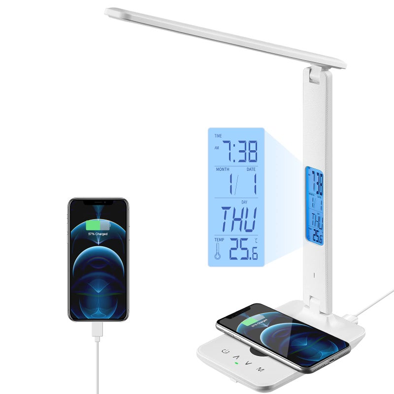 poukaran LED Desk Lamp with Wireless Charger, USB Charging Port, Office Table Lamp with Clock, Alarm, Date, Temperature for Home Office, White - Image 1