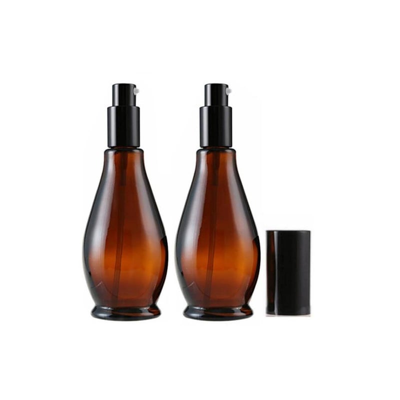UPSTORE 2Pcs 100ml/3.4oz Amber Glass Lotion Pump Bottles Travel Size Pump Dispenser Cosmetics Containers Bottle Jar with Black Pump for Essential Oil Foundation Cream Shampoo