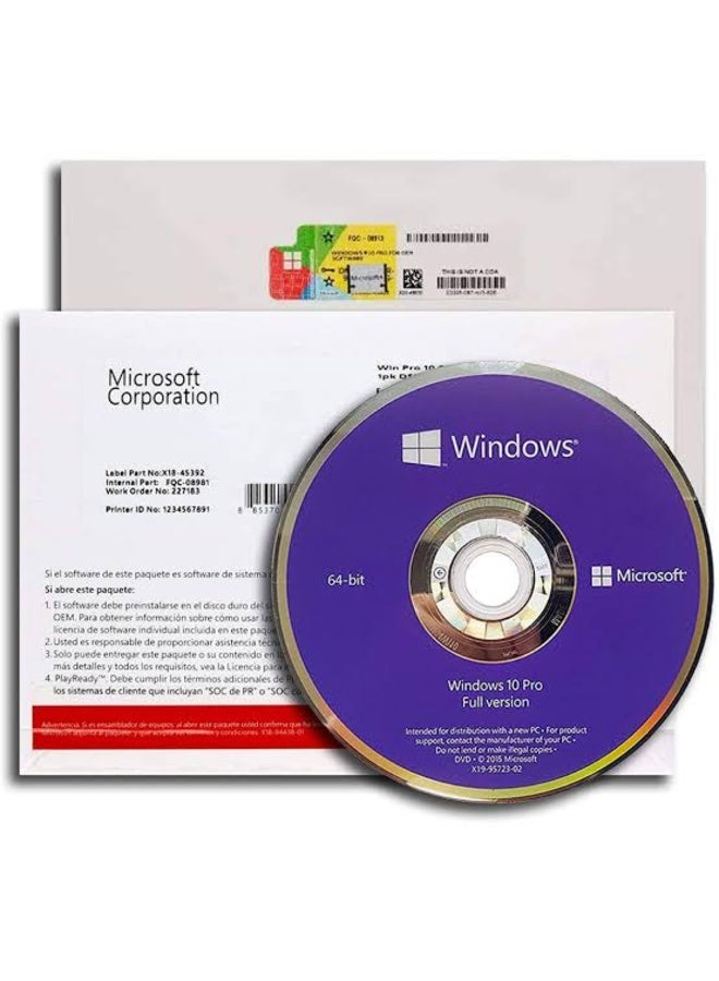 Windows 10 Pro OEI DVD Pack - Full Version for 1 PC with Lifetime License