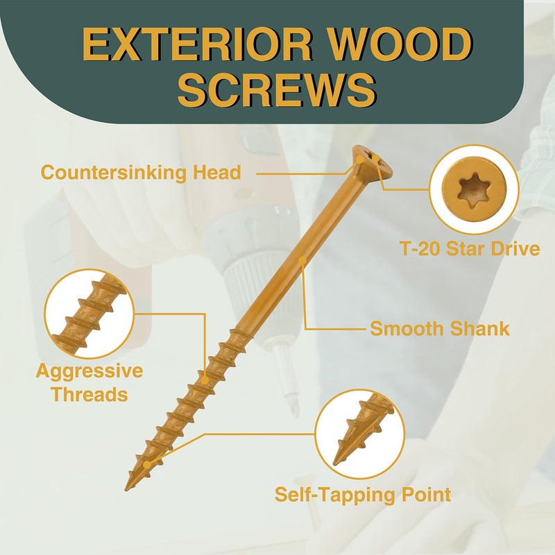 T.K.Excellent Deck Screws 2 Inch Wood Screws #8 x 2, 630 Pcs, Rust Resistant Structural Screws Tan Exterior Fence Screws Torx Drive Screws, Two T20 Bits, Brilliant Yellow Ruspert Coating Rust Proof - Image 2