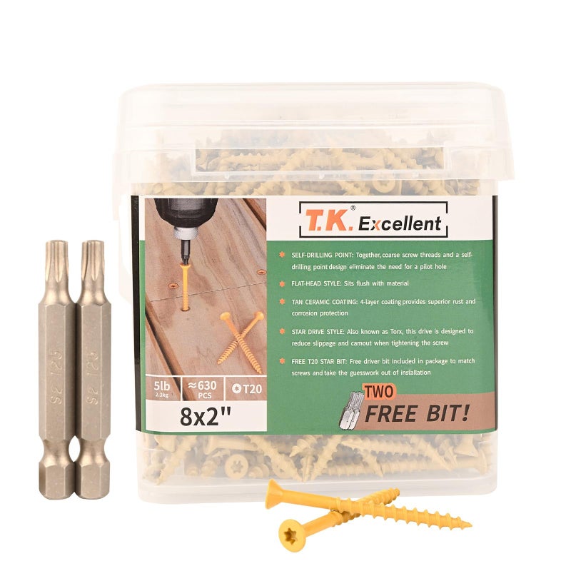 T.K.Excellent Deck Screws 2 Inch Wood Screws #8 x 2, 630 Pcs, Rust Resistant Structural Screws Tan Exterior Fence Screws Torx Drive Screws, Two T20 Bits, Brilliant Yellow Ruspert Coating Rust Proof - Image 1