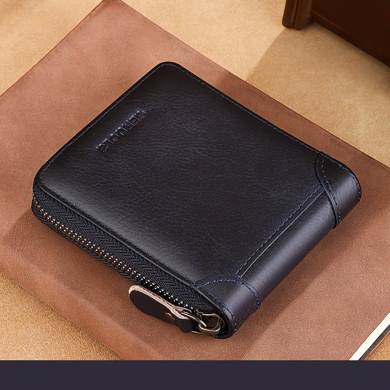 GERUOLA Men's Genuine Leather Short Wallet with Zipper, Large Capacity, Three-Fold Design, Ultra-Thin Card Holder in Gray Blue - Image 1
