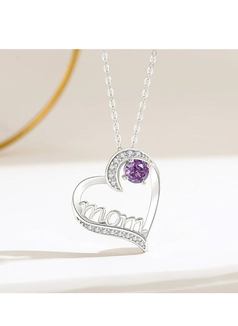 Mike Music - 925 Sterling Silver 'Mom' Heart Pendant Necklace with Purple Crystal Accent, Approx. 22mm - Image 1
