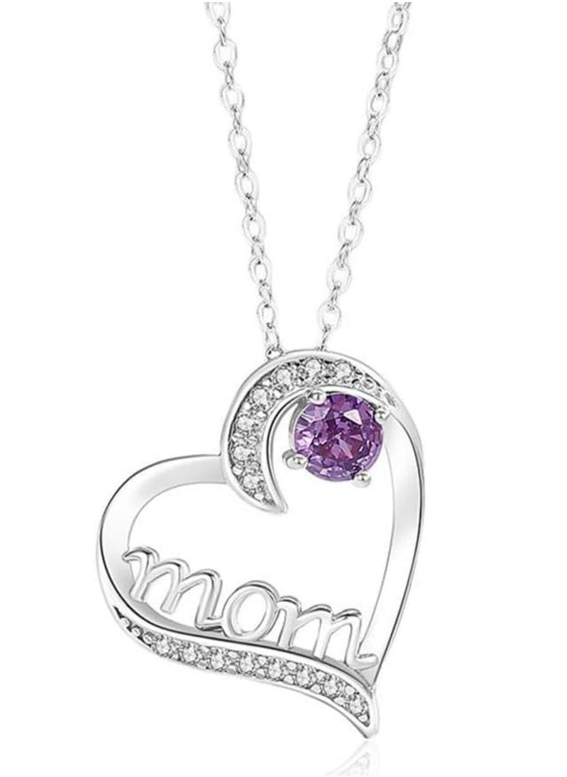 Mike Music - 925 Sterling Silver 'Mom' Heart Pendant Necklace with Purple Crystal Accent, Approx. 22mm - Image 1
