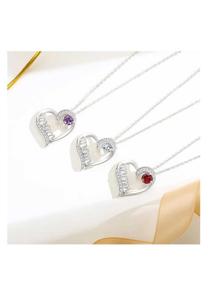 Mike Music - 925 Sterling Silver 'Mom' Heart Pendant Necklace with Purple Crystal Accent, Approx. 22mm - Image 1