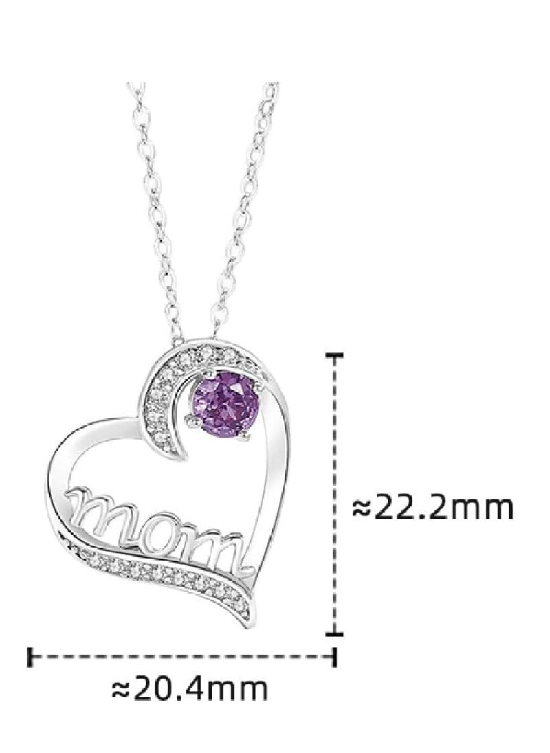 Mike Music - 925 Sterling Silver 'Mom' Heart Pendant Necklace with Purple Crystal Accent, Approx. 22mm - Image 1