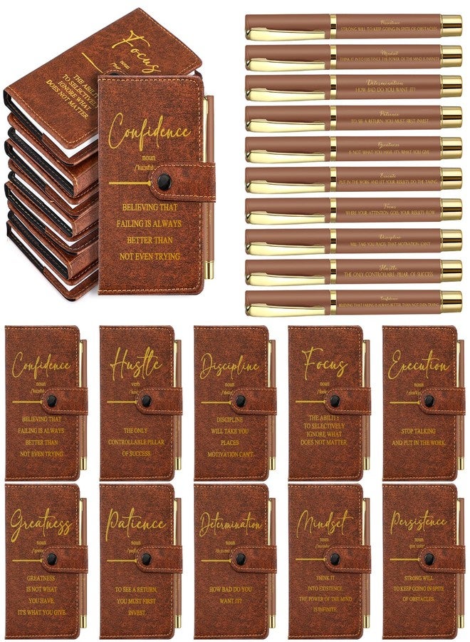 Tenceur 10 Sets Inspirational Pocket Notebooks with Pens A6 Leather Journals Bulk Christmas Motivational Gifts for Office School Team Staff Employee, 160 Lined Pages/Notebook (Brown) - Image 1