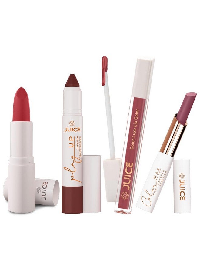 Juice Long Lasting, 4pc Lipstick Combo Set For Women(Pink-M16 Bullet Lipstick, Hold My Latte-MCR04 Play up Lip Crayon, Dark Purple-M16 Liquid Lipstick, Barely Pink-M16 Slim Stick) - Image 1