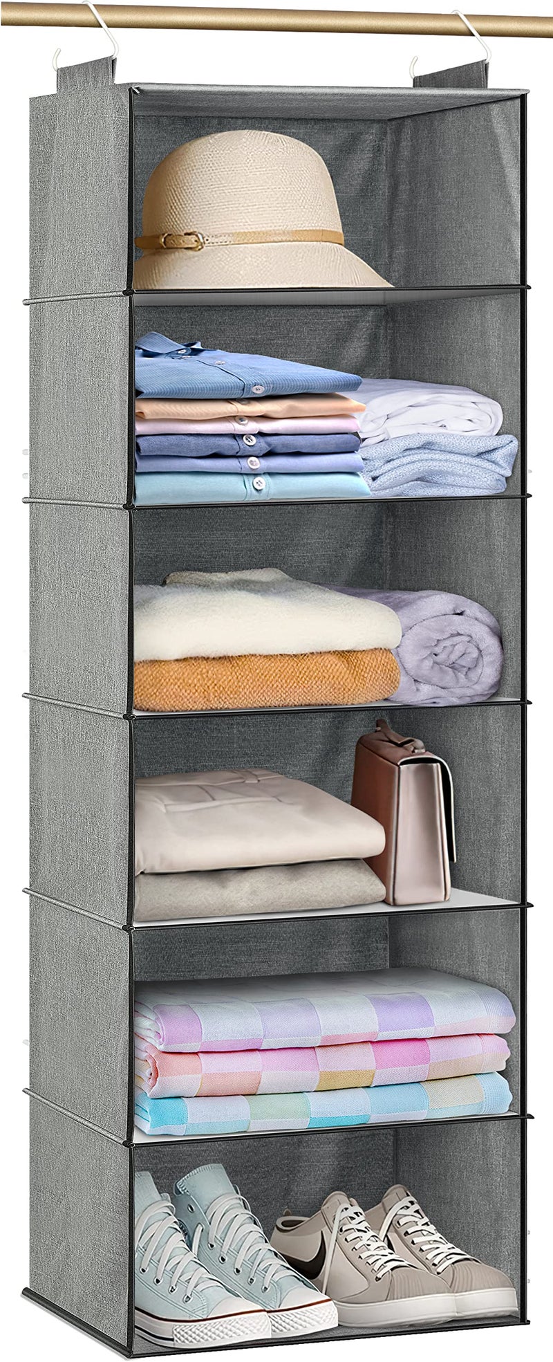 SLEEPING LAMB 6 Shelves Jumbo Hanging Closet Organizer and Storage Hanging Clothes Organizer for Sweaters Blankets and Coats in Wardrobe Bedroom Living Room Grey