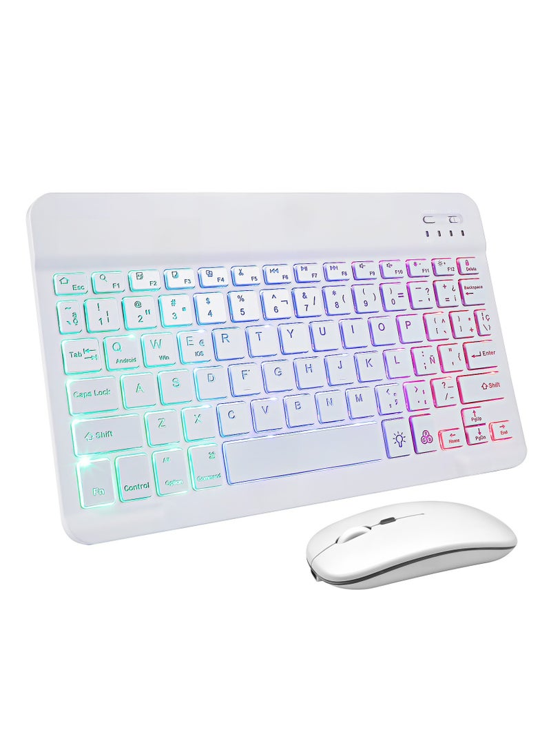 مجموعة لوحة مفاتيح وماوس لاسلكية ثنائية اللغة مقاس 10 بوصات مزودة بتقنية البلوتوث، وماوس ثنائي الوضع، ومجموعة لوحة مفاتيح وماوس بإضاءة محيطة بـ 7 ألوان، مناسبة لجميع أنظمة العلامات التجارية للأجهزة اللوحية والهواتف المحمولة - Image 1