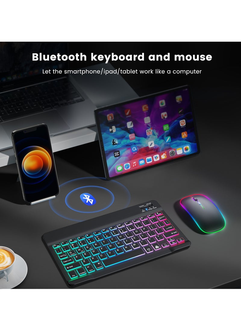 مجموعة لوحة مفاتيح وماوس لاسلكية ثنائية اللغة مقاس 10 بوصات مزودة بتقنية البلوتوث، وماوس ثنائي الوضع، ومجموعة لوحة مفاتيح وماوس بإضاءة محيطة بـ 7 ألوان، مناسبة لجميع أنظمة العلامات التجارية للأجهزة اللوحية والهواتف المحمولة - Image 5