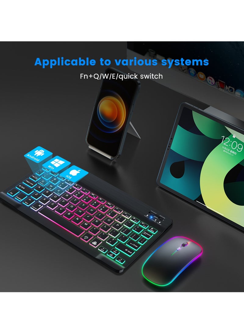 مجموعة لوحة مفاتيح وماوس لاسلكية ثنائية اللغة مقاس 10 بوصات مزودة بتقنية البلوتوث، وماوس ثنائي الوضع، ومجموعة لوحة مفاتيح وماوس بإضاءة محيطة بـ 7 ألوان، مناسبة لجميع أنظمة العلامات التجارية للأجهزة اللوحية والهواتف المحمولة - Image 4