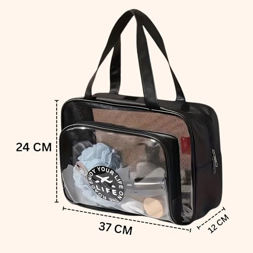 Gowloz Large Transparent PVC & PU Travel Bag – Black Multipurpose Tote (Pack of 1) | Waterproof Clear Handbag for Makeup, Toiletries, Gym & Travel Essentials - Image 2