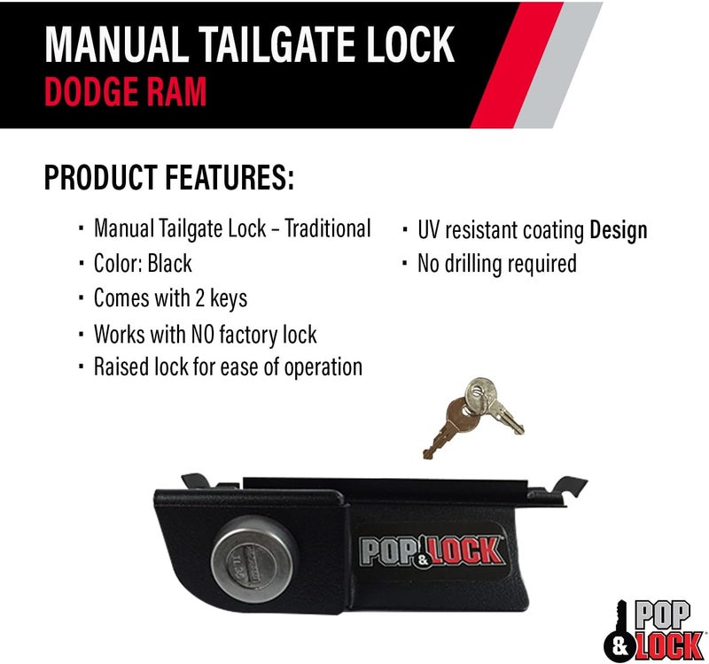 Pop & Lock – Manual Tailgate Lock for Dodge Ram 1500, 2500, and 3500, Fits 2002 to 2008 (Chrome, PL3400C, Works with No Factory Lock) - Image 3
