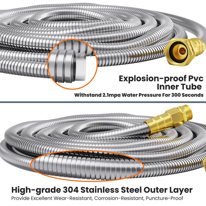 Giraffe Tools Garden Hose 100ft x 5/8", 304 Stainless Steel Metal Water Hose, No Kink Garden Water Hose with 9 Pattern Spray Nozzle, Flexible, Lightweight, Kink Free Hose for Yard, Outdoor - Image 2