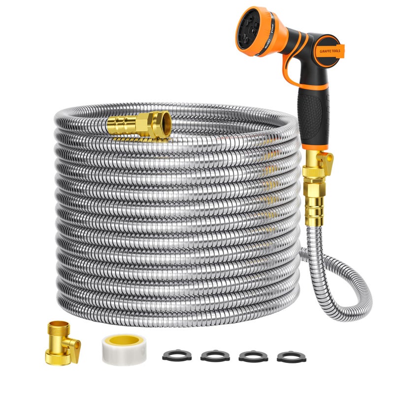 Giraffe Tools Garden Hose 100ft x 5/8", 304 Stainless Steel Metal Water Hose, No Kink Garden Water Hose with 9 Pattern Spray Nozzle, Flexible, Lightweight, Kink Free Hose for Yard, Outdoor - Image 1