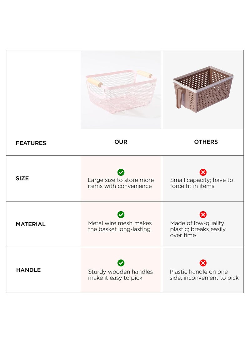 Umai UMAI Rectangular Metal Mesh basket for storage with wooden handle | 360 Gm | Fruit basket & Vegetable basket for kitchen | Home Decor Items | Pink | Organisers Storage Box  - Image 5