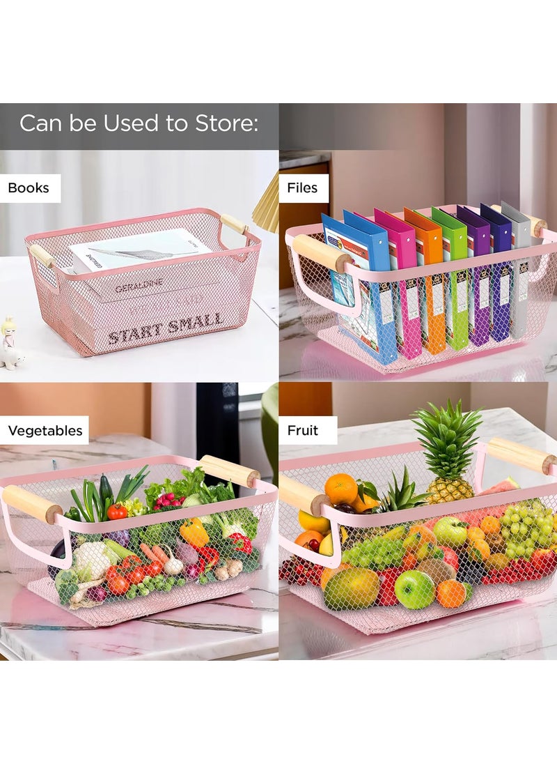 Umai UMAI Rectangular Metal Mesh basket for storage with wooden handle | 360 Gm | Fruit basket & Vegetable basket for kitchen | Home Decor Items | Pink | Organisers Storage Box  - Image 4