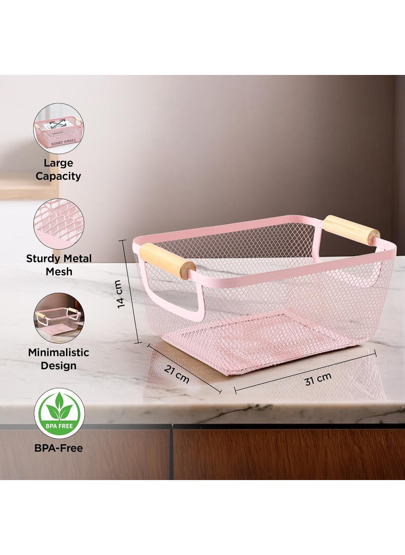Umai UMAI Rectangular Metal Mesh basket for storage with wooden handle | 360 Gm | Fruit basket & Vegetable basket for kitchen | Home Decor Items | Pink | Organisers Storage Box  - Image 3