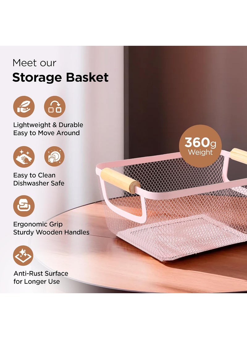 Umai UMAI Rectangular Metal Mesh basket for storage with wooden handle | 360 Gm | Fruit basket & Vegetable basket for kitchen | Home Decor Items | Pink | Organisers Storage Box  - Image 2