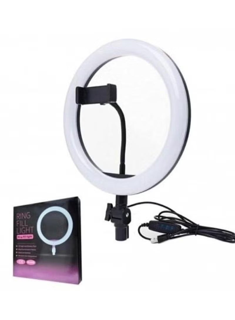 حلقة إضاءة 26 سم مع حامل هاتف - إضاءة LED مستقلة للمكياج والتصوير الفوتوغرافي والفيديو - أبيض وأسود