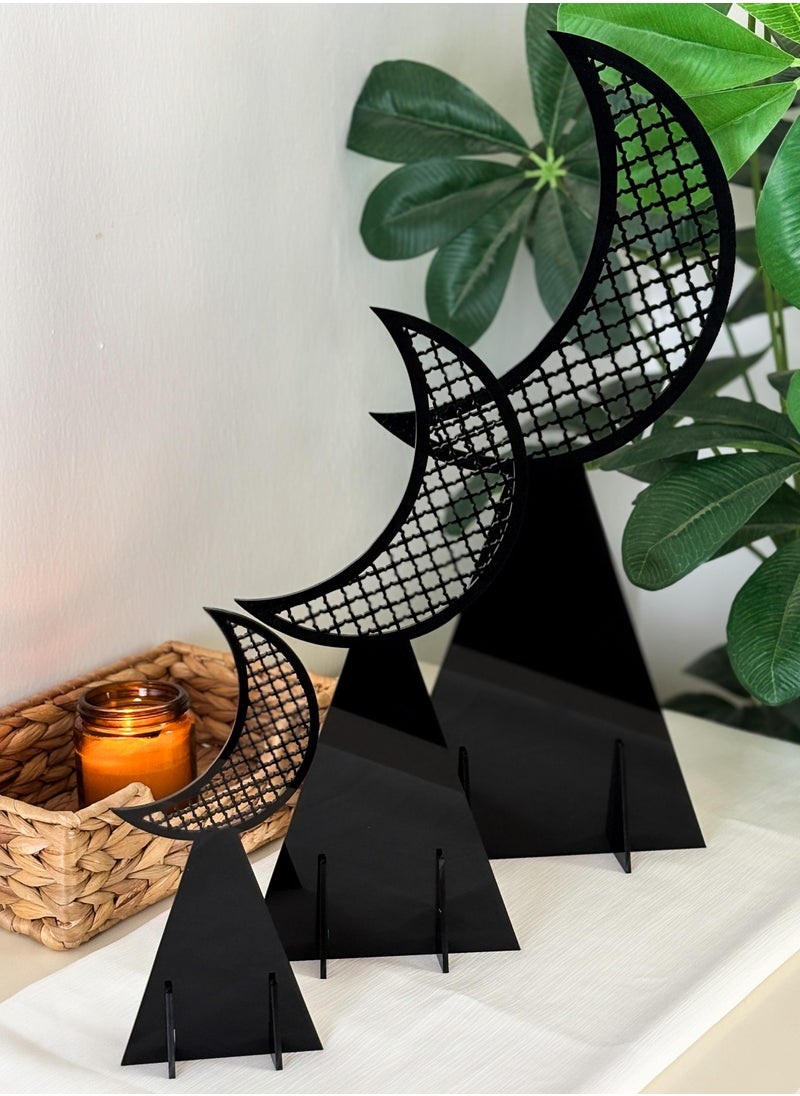 LOWHA - Set of 3 Acrylic Decor Stands in Ramadan Crescent Shape with Islamic Pattern - Image 1