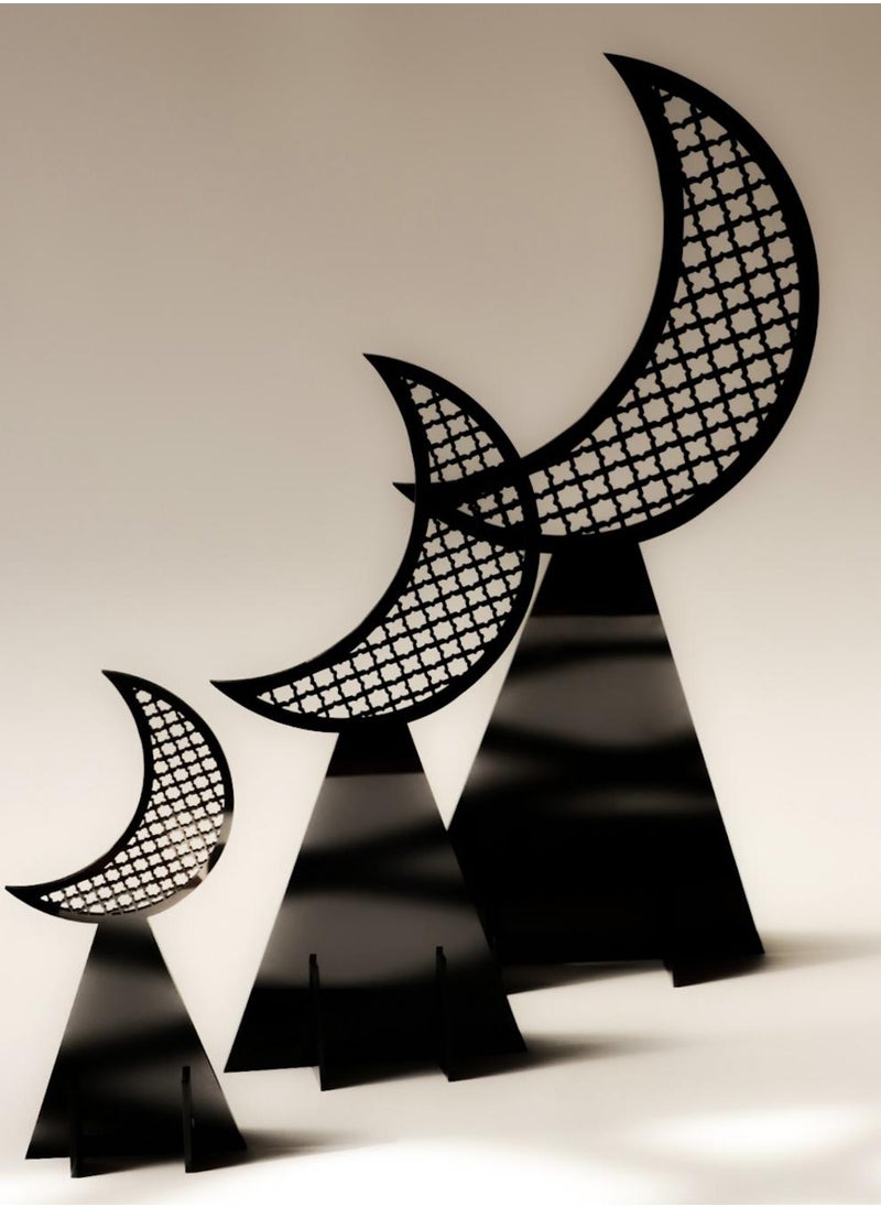 LOWHA - Set of 3 Acrylic Decor Stands in Ramadan Crescent Shape with Islamic Pattern - Image 1