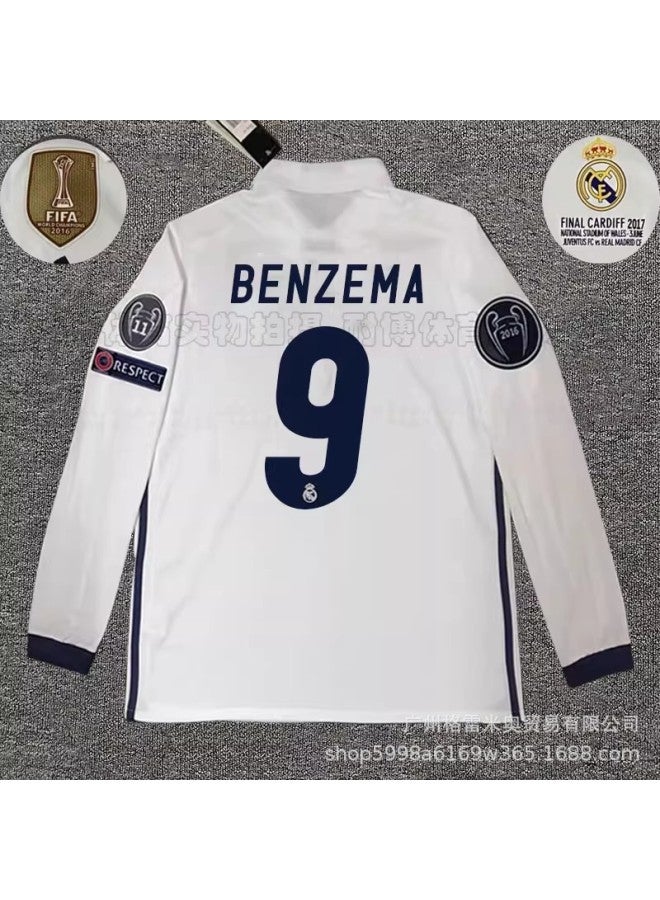 16-17 Real Madrid Home Long-sleeved No. 9 Star Plus 2016 Chapter 11 Fair Strips Fifa Team Logo Small Print Football Jersey - Image 1