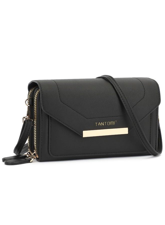 TANTOMI Small Crossbody Bags for Women, Leather Women's Shoulder Handbags Wallets Purse with Adjustable Strap, Black - Image 1