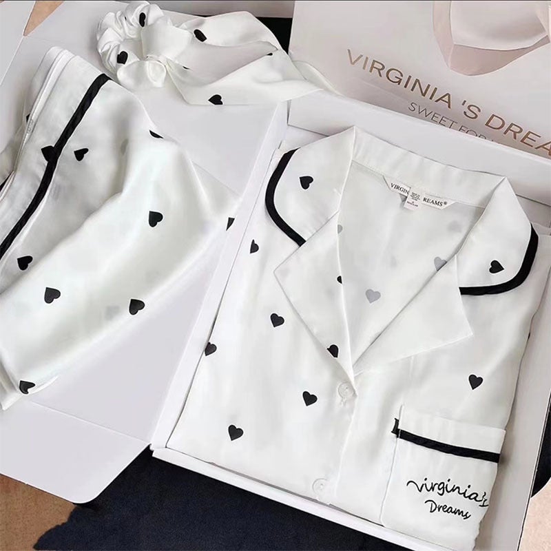 Artificial silk pajamas womens spring and autumn thin long-sleeved two-piece Korean style high-grade ink painting plus size home wear31104 pairs of long black heart 31104 pairs of long black heart