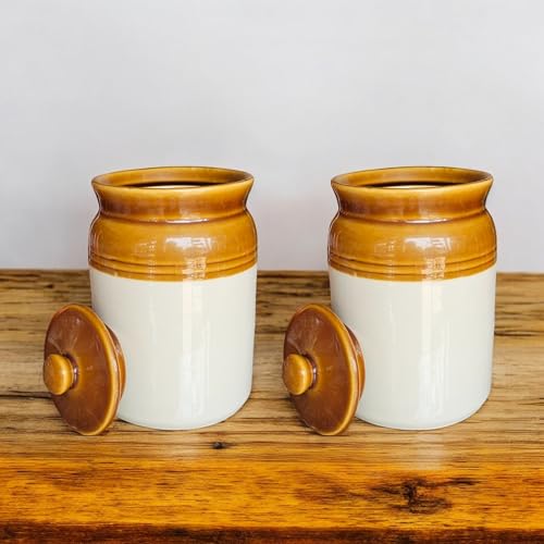 ClayStone Ceramic Achaar Jar Set - 2 Kg (2000 ml) x 2 - Martban Pickle Container - Kitchen Storage for Pickle, Chutneys and Sauces - Durable, and Easy to Clean (Pack of 2) (2 Kg Brown Jar Set) - Image 1
