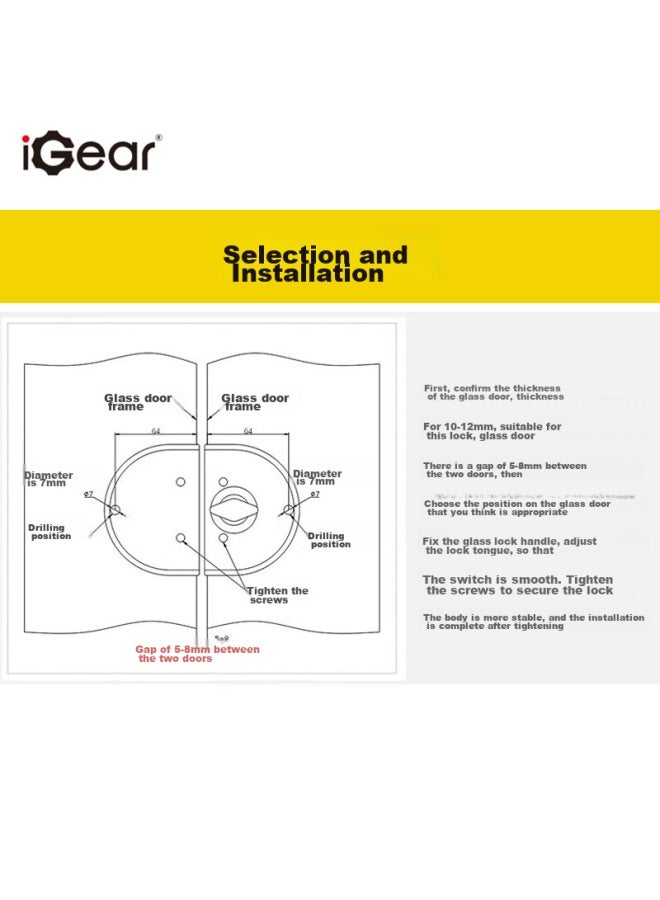 Igear Glass Door Lock, 304 Stainless Steel, Rust-proof, Anti-theft, No Drilling Required, Lock Hardware, Office Door, Store Sliding Double-opening Door Lock - Image 2