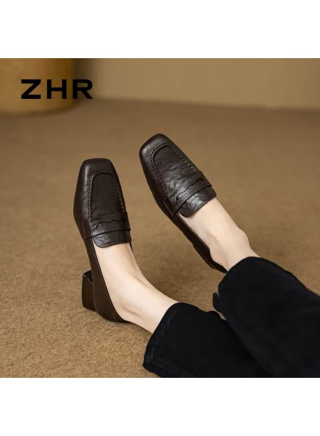 Zhr Zese First Layer Sheepskin Loafers Women Chunky Heel Commuting Single Shoes Versatile British Work Leather Shoes Eh227 Brown Size 40 - Image 1