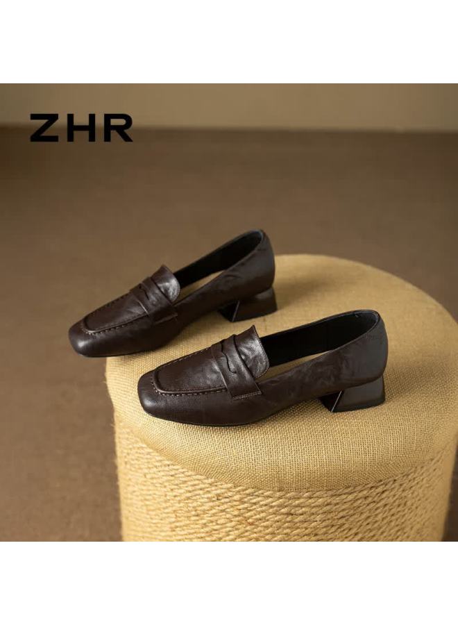 Zhr Zese First Layer Sheepskin Loafers Women Chunky Heel Commuting Single Shoes Versatile British Work Leather Shoes Eh227 Brown Size 40 - Image 4