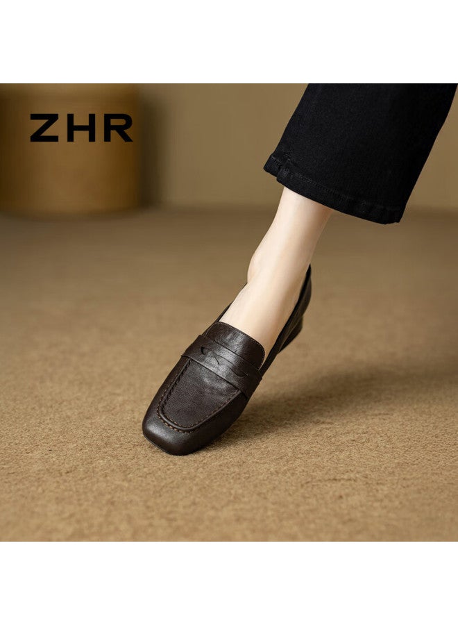 Zhr Zese First Layer Sheepskin Loafers Women Chunky Heel Commuting Single Shoes Versatile British Work Leather Shoes Eh227 Brown Size 40 - Image 2