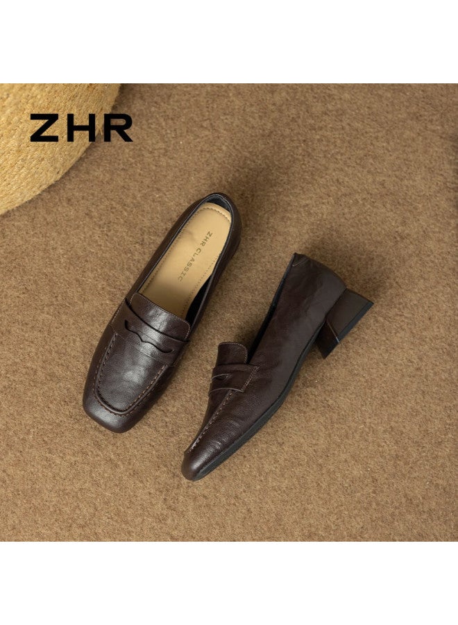 Zhr Zese First Layer Sheepskin Loafers Women Chunky Heel Commuting Single Shoes Versatile British Work Leather Shoes Eh227 Brown Size 40 - Image 3