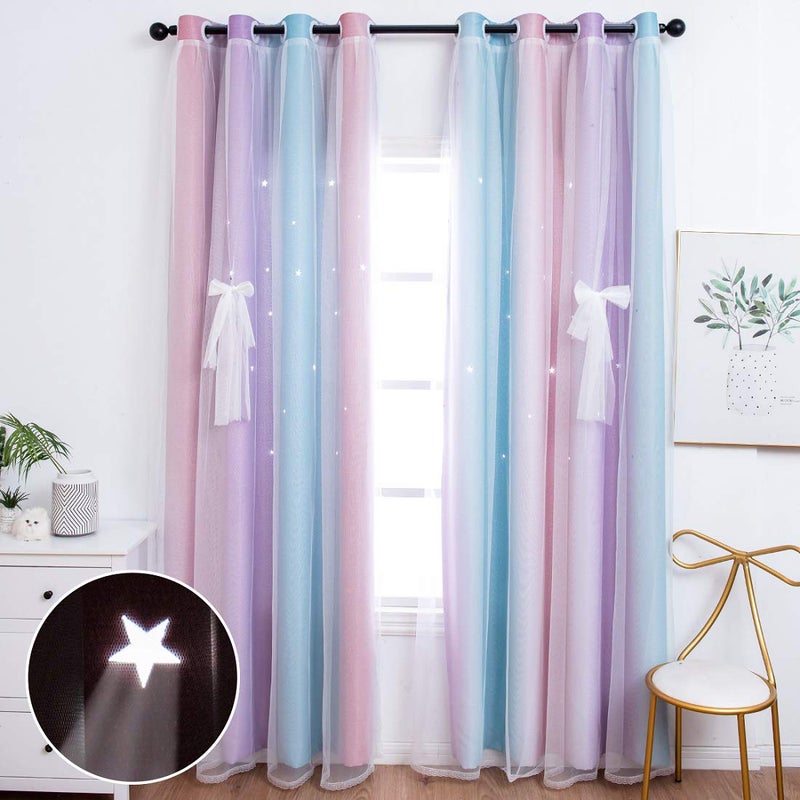 UNISTAR 2 Panels Blackout Stars Curtains for Kids Girls Bedroom Aesthetic Living Room Decor Colorful Double Layer Star Cut Out Stripe Pink Rainbow Window Wall Home Decoration CurtainW52 x L84 Inches