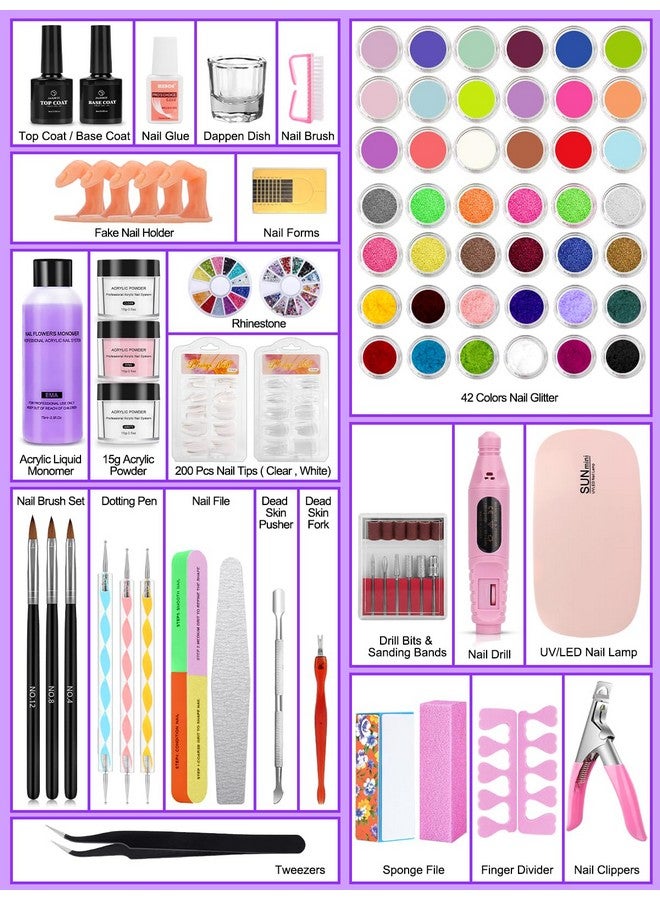 Quaferen Acrylic Nail Kit For Beginners With Everything 42Colors Glitter Acrylic Powder Monomer Liquid Nail Kit Set Professional Acrylic With Everything Drill Uv Light Practice Finger Nail Bag Organizer Case - Image 2