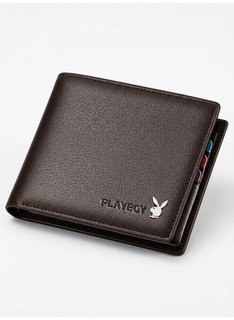 Brown men’s slim bifold wallet with large capacity and multiple card slots, inner cowhide lining, lightweight and portable, simple and elegant premium design for daily and business use ✨ - Image 1