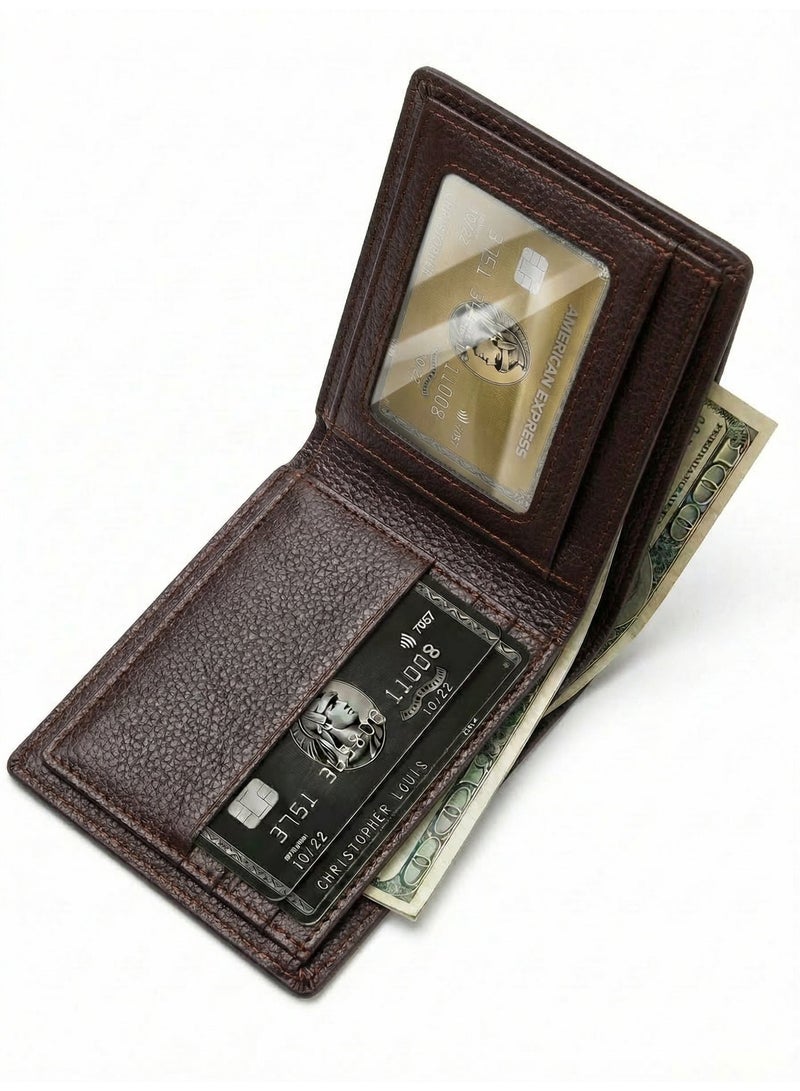 Brown men’s slim bifold wallet with large capacity and multiple card slots, inner cowhide lining, lightweight and portable, simple and elegant premium design for daily and business use ✨ - Image 2